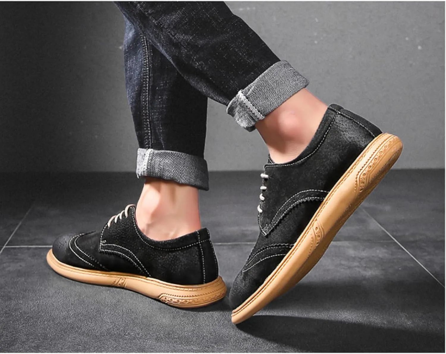 Men's Dress Oxford Shoes Classic Lace Up Retro Suede Leather Round Toe Chunky Heels Low-Top Casual British Business Breathable Brock Formal Shoe