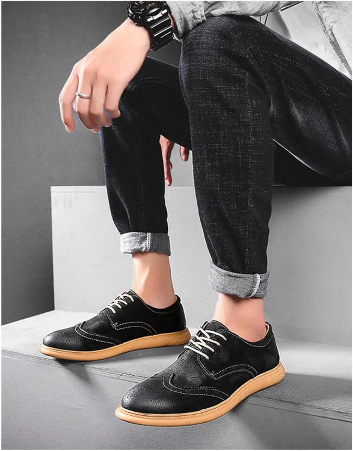 Men's Dress Oxford Shoes Classic Lace Up Retro Suede Leather Round Toe Chunky Heels Low-Top Casual British Business Breathable Brock Formal Shoe