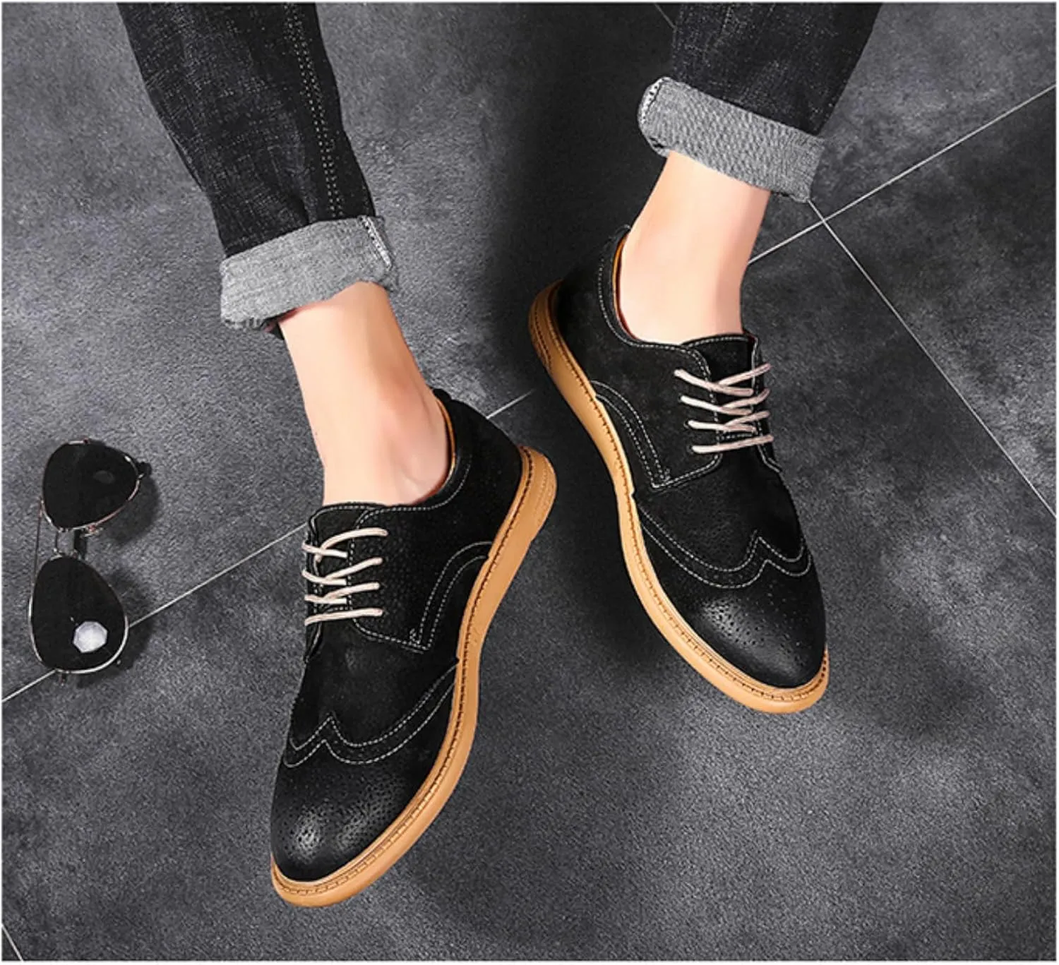 Men's Dress Oxford Shoes Classic Lace Up Retro Suede Leather Round Toe Chunky Heels Low-Top Casual British Business Breathable Brock Formal Shoe