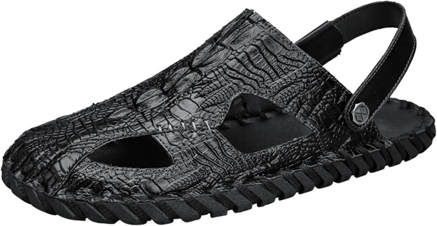 Men's Handmade Genuine Leather Closed Two uses Mule Sandals Fashion Alligator Printed Slip-on Adjustable Fisherman Non-Slip Beach Slide Sandals