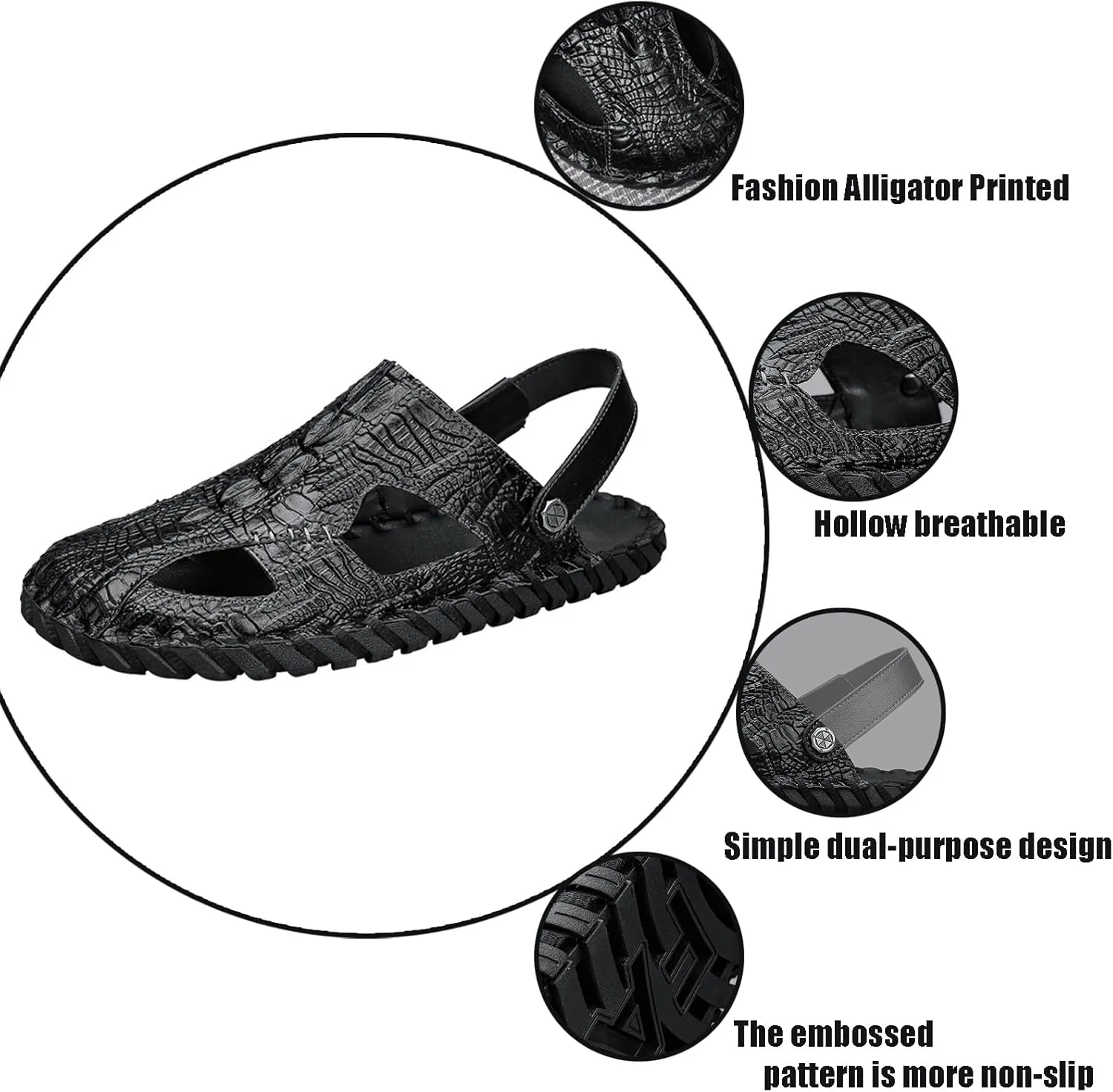 Men's Handmade Genuine Leather Closed Two uses Mule Sandals Fashion Alligator Printed Slip-on Adjustable Fisherman Non-Slip Beach Slide Sandals