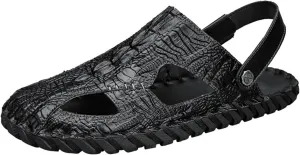 Men's Handmade Genuine Leather Closed Two uses Mule Sandals Fashion Alligator Printed Slip-on Adjustable Fisherman Non-Slip Beach Slide Sandals