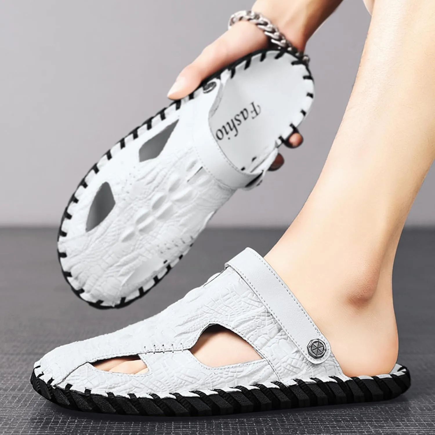 Men's Handmade Genuine Leather Closed Two uses Mule Sandals Fashion Alligator Printed Slip-on Adjustable Fisherman Non-Slip Beach Slide Sandals