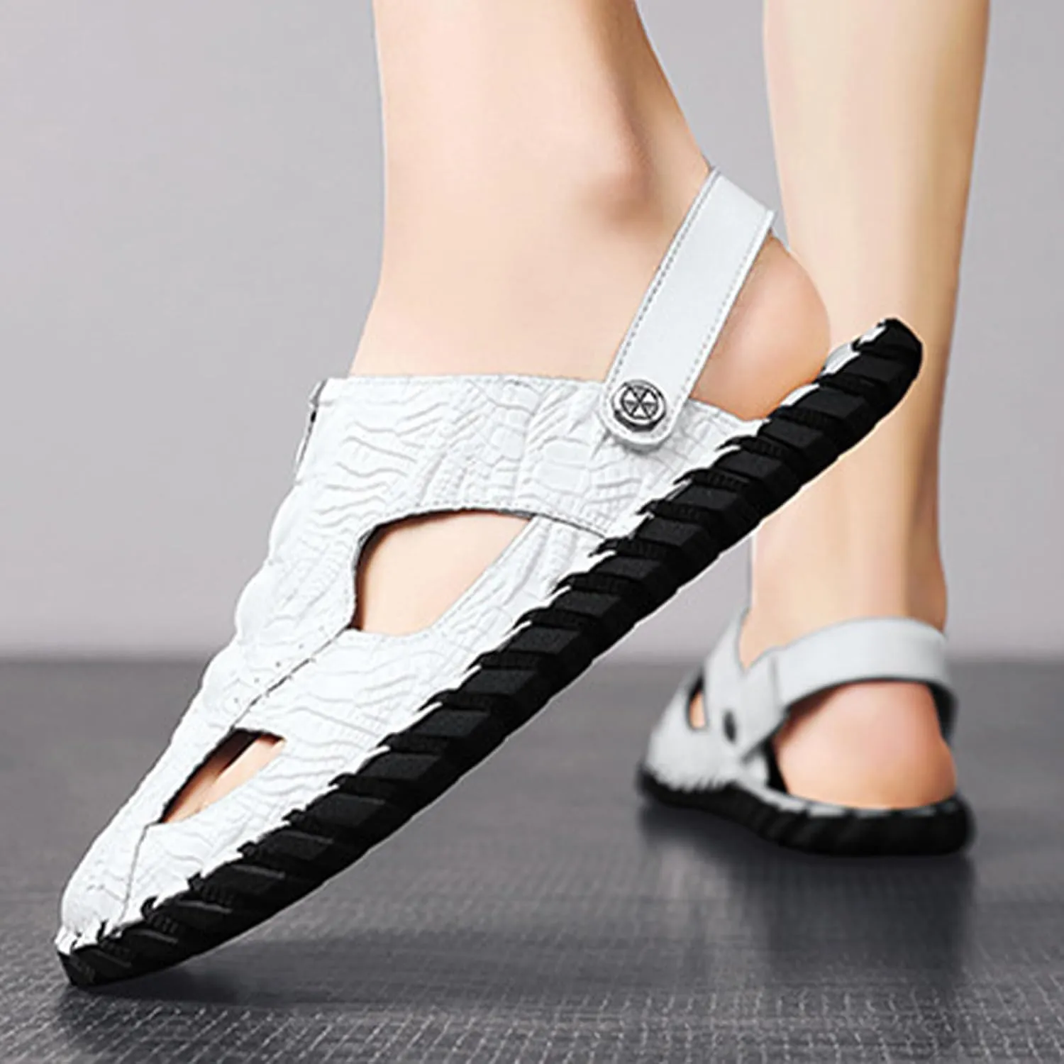 Men's Handmade Genuine Leather Closed Two uses Mule Sandals Fashion Alligator Printed Slip-on Adjustable Fisherman Non-Slip Beach Slide Sandals