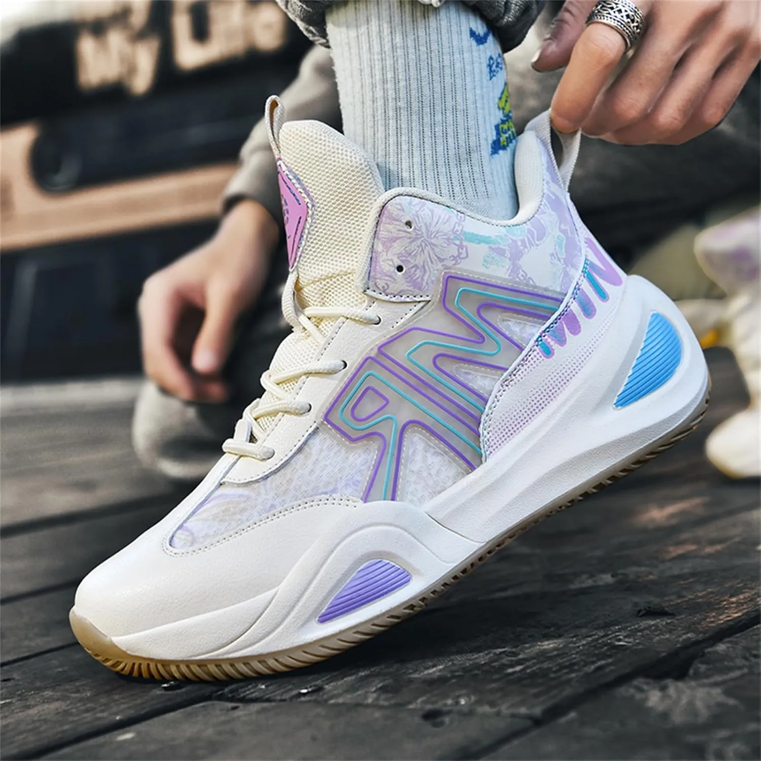 Men's Lace Up Basketball Shoes with Arch Support Fashion High-Top Breathable Sports Sneakers Running Walking Shoes