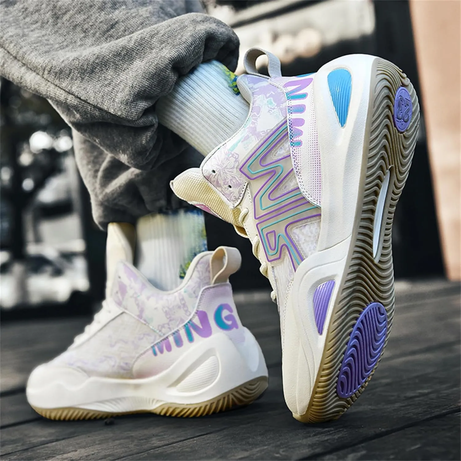 Men's Lace Up Basketball Shoes with Arch Support Fashion High-Top Breathable Sports Sneakers Running Walking Shoes
