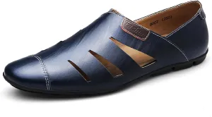 Men's Leather Hollow Out Sandals Comfortable Breathable Closed Toe Slip On Flat Loafers Business Work Casual Walking Shoes