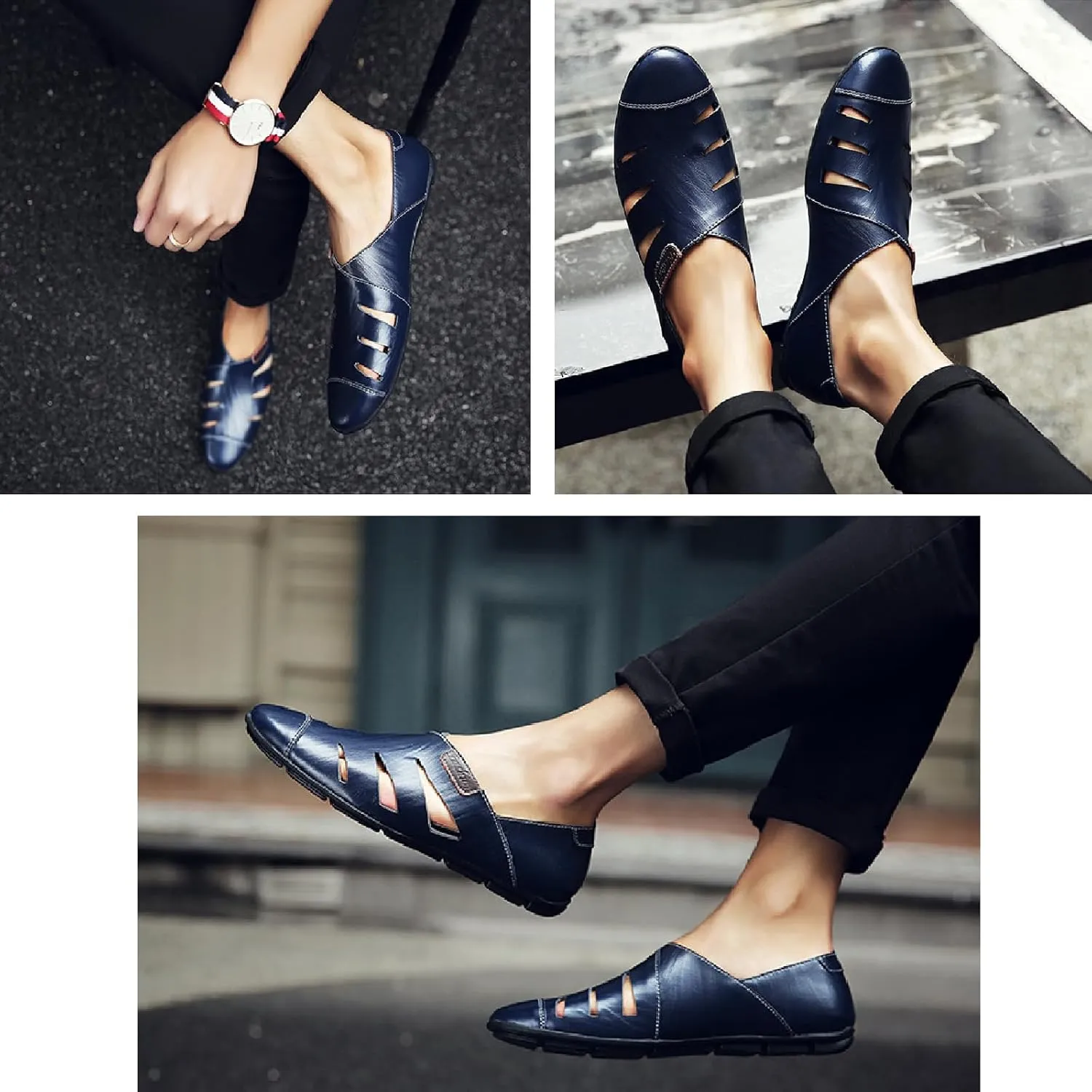 Men's Leather Hollow Out Sandals Comfortable Breathable Closed Toe Slip On Flat Loafers Business Work Casual Walking Shoes