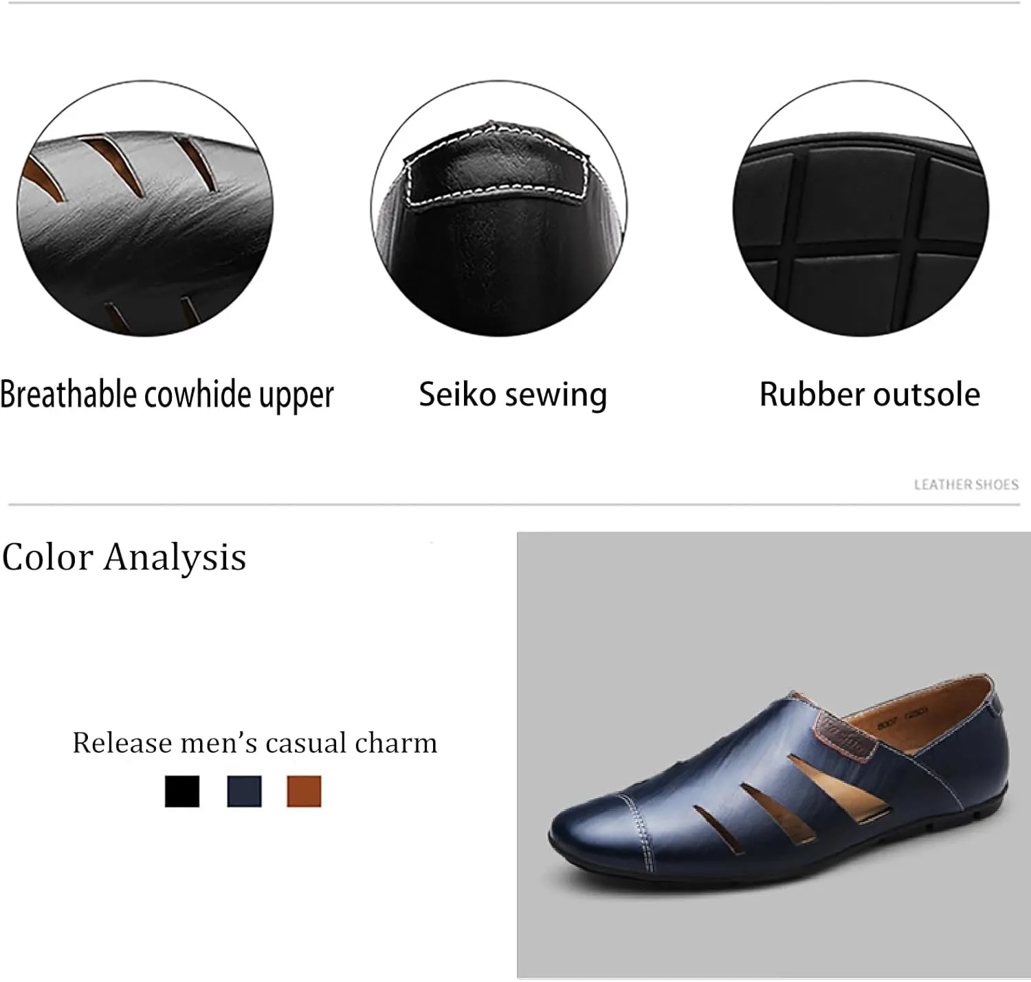 Men's Leather Hollow Out Sandals Comfortable Breathable Closed Toe Slip On Flat Loafers Business Work Casual Walking Shoes