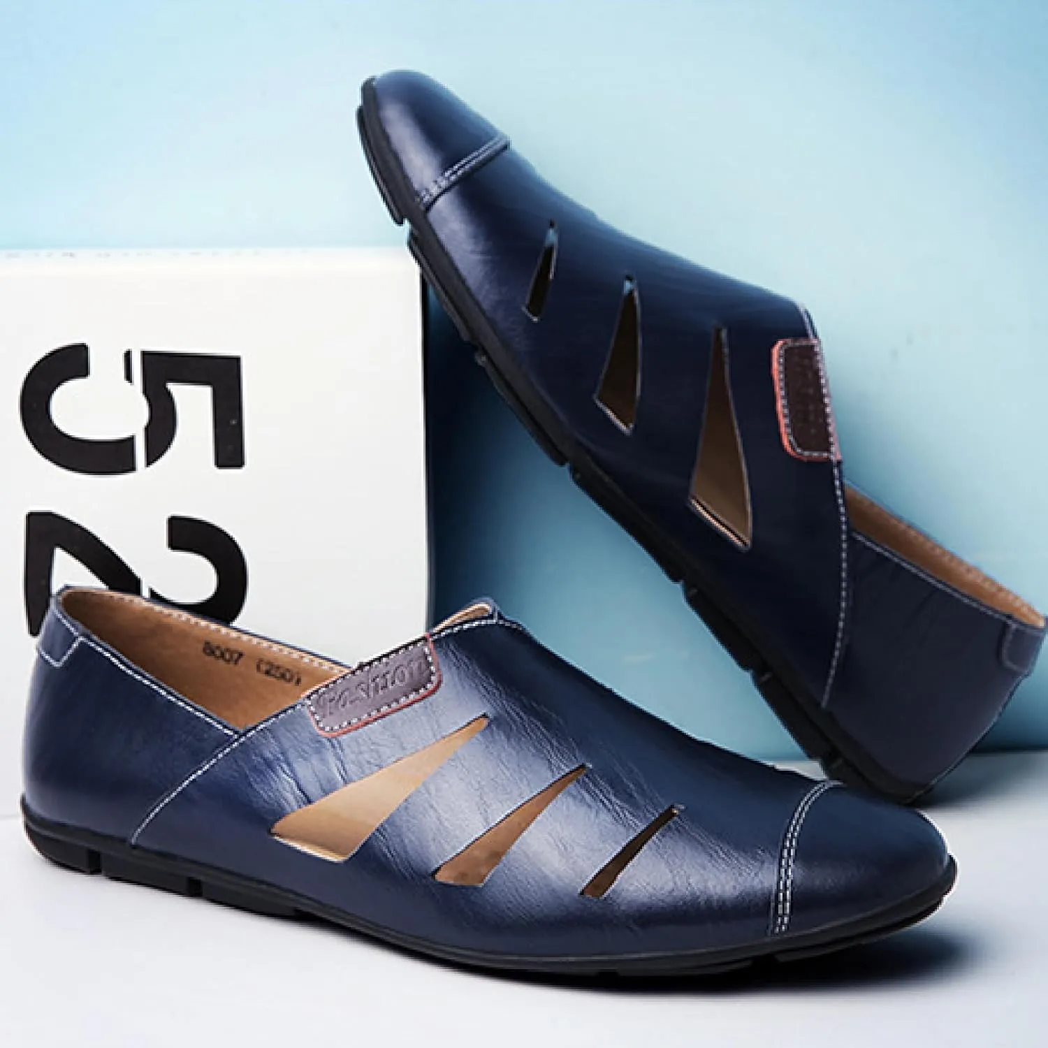 Men's Leather Hollow Out Sandals Comfortable Breathable Closed Toe Slip On Flat Loafers Business Work Casual Walking Shoes