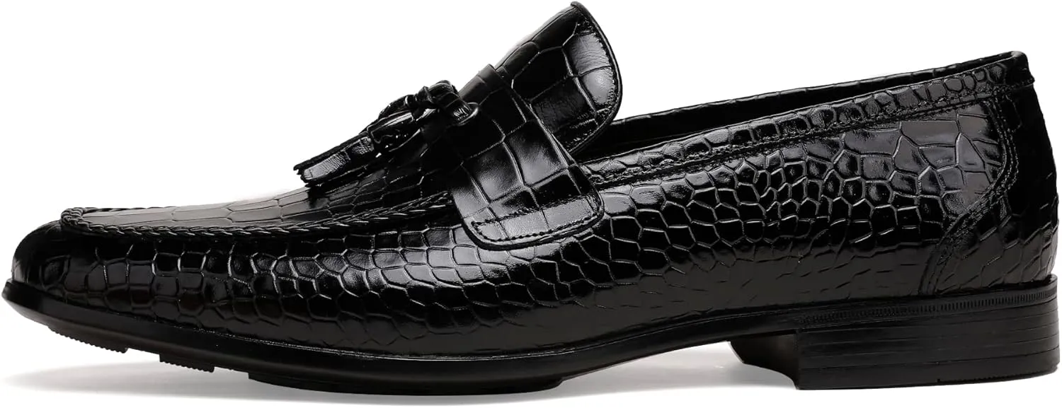 Mens Leather Tassel Loafer, Classic Luxury Smooth Upper Tassel Slip-on Penny Loafer for Mens, Black