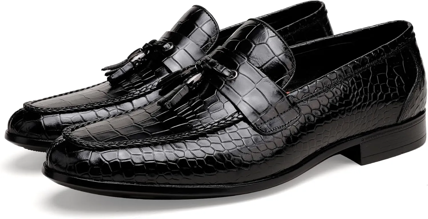 Mens Leather Tassel Loafer, Classic Luxury Smooth Upper Tassel Slip-on Penny Loafer for Mens, Black