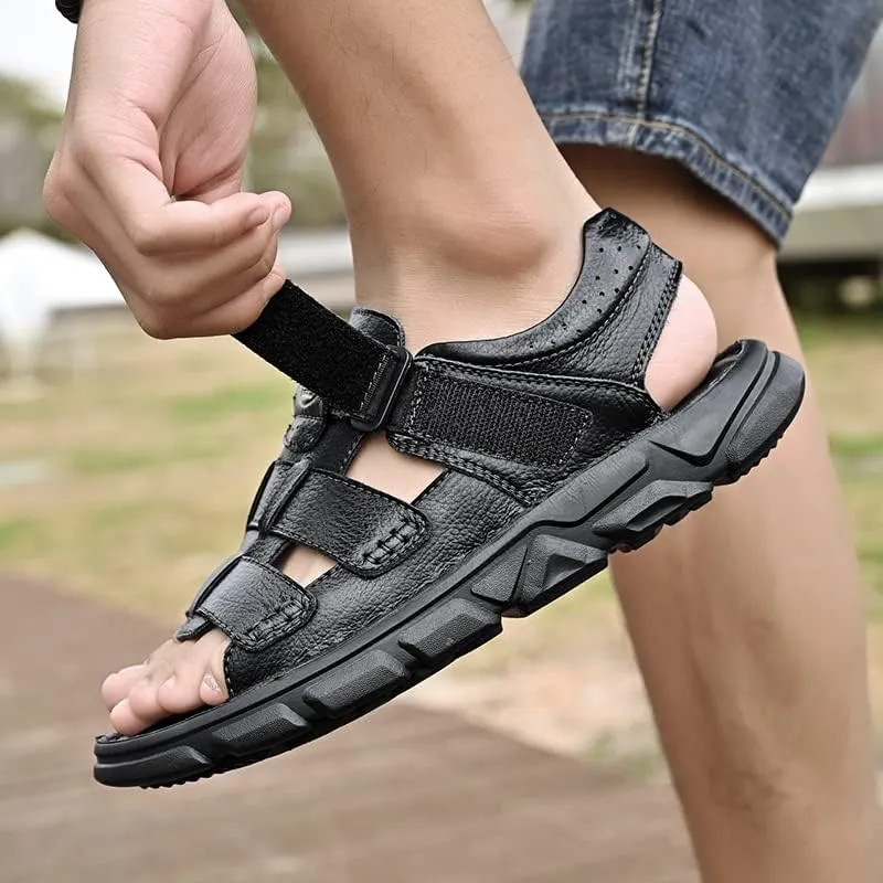 Men's Sandals Leather Open Toe Outdoor Sport Adjustable Summer Beach Shoes
