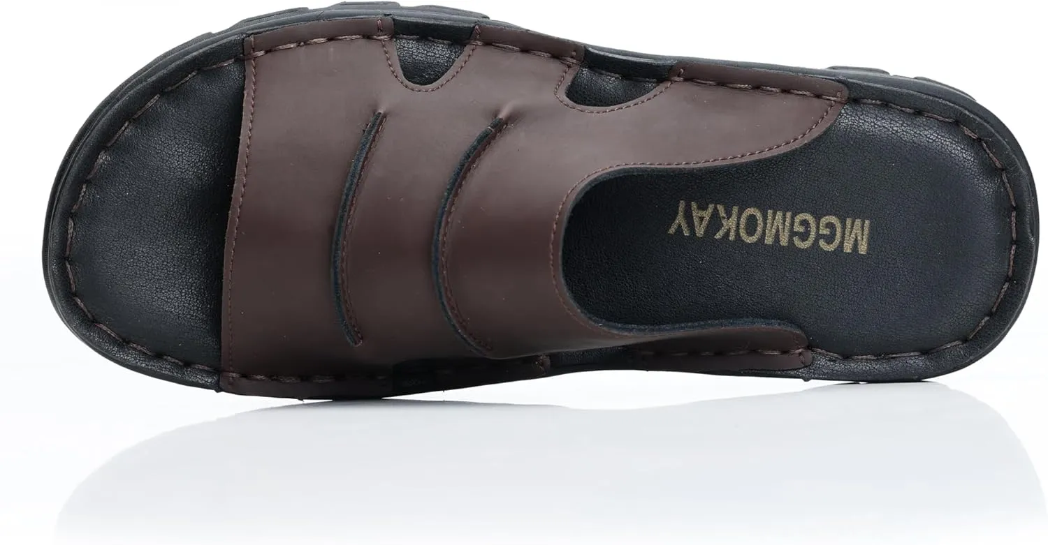 Men's Slide Sandal Summer Leather Slipper Outdoor Slip on with Soft Comfy Arch Support