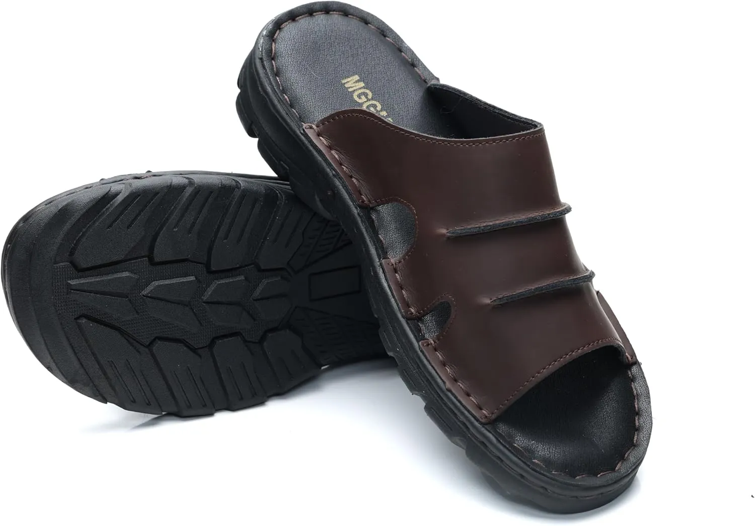 Men's Slide Sandal Summer Leather Slipper Outdoor Slip on with Soft Comfy Arch Support