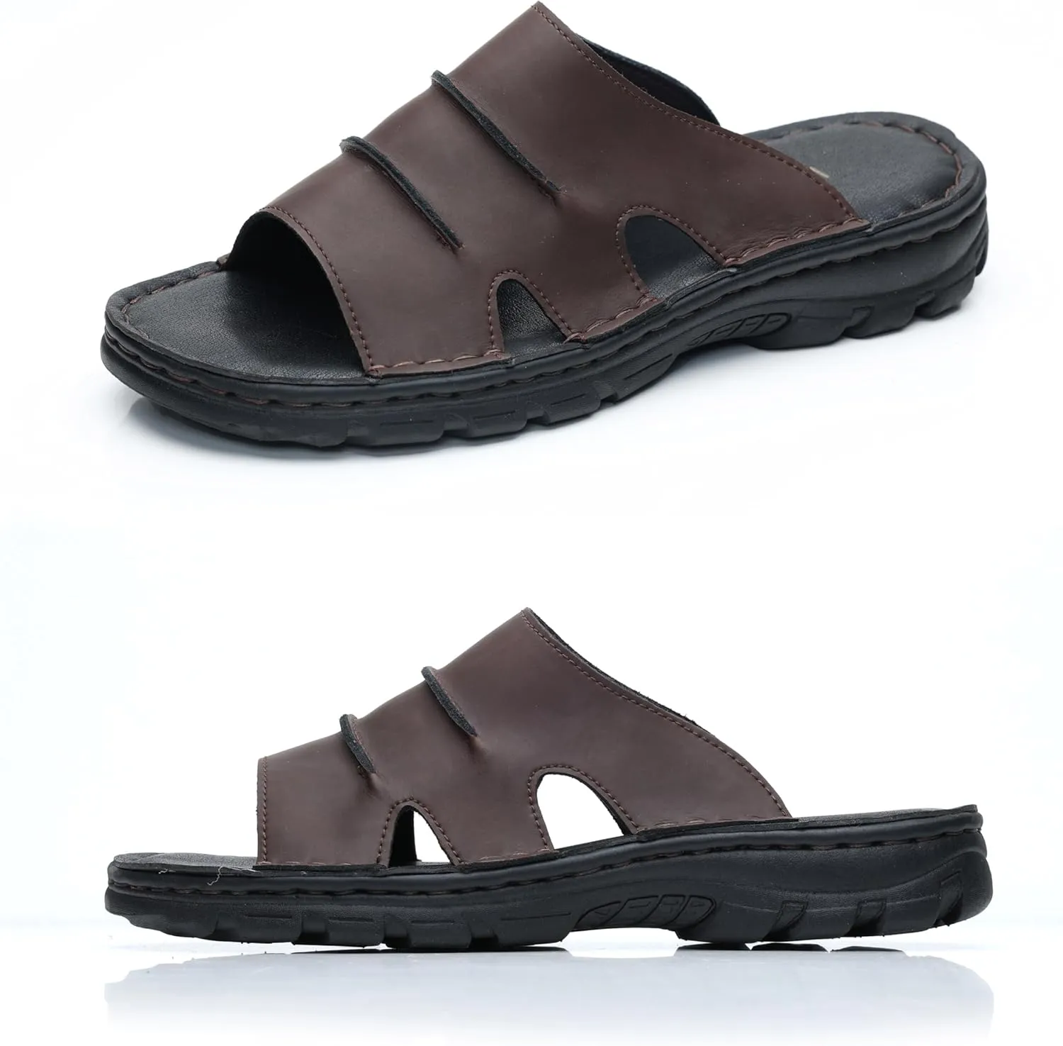 Men's Slide Sandal Summer Leather Slipper Outdoor Slip on with Soft Comfy Arch Support