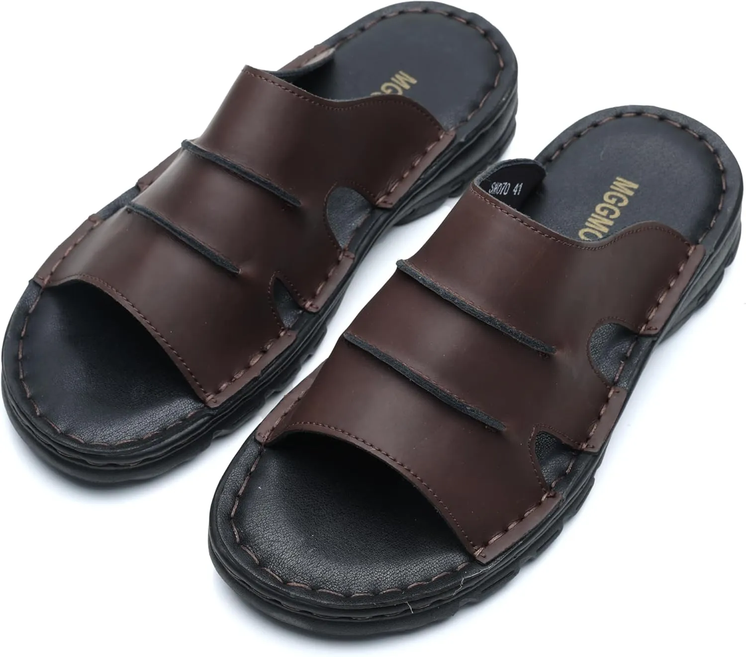 Men's Slide Sandal Summer Leather Slipper Outdoor Slip on with Soft Comfy Arch Support