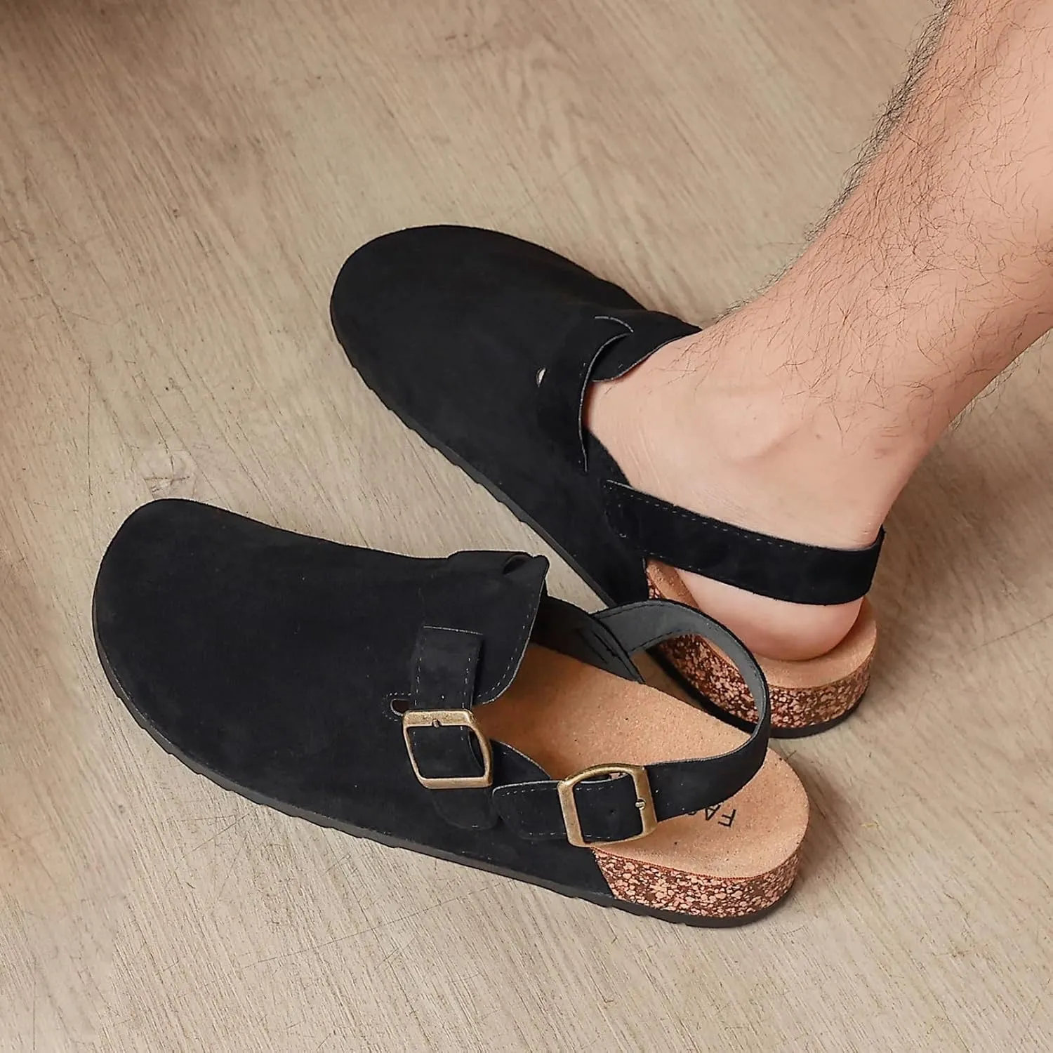 Men's Suede Clogs with Back Strap Adjustable Cork Footbed Leather Mules Clogs for Women Comfort Memory Foam Slingback Clog Sandal with Buckle Slip on Potato Shoes