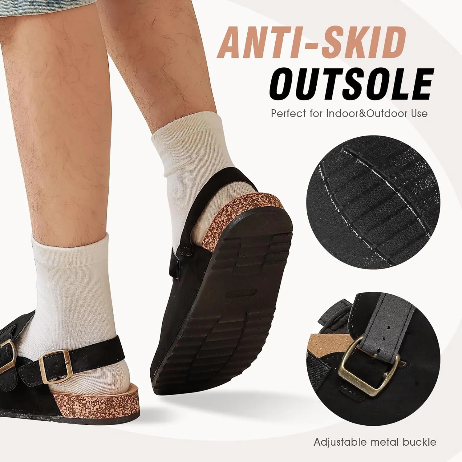 Men's Suede Clogs with Back Strap Adjustable Cork Footbed Leather Mules Clogs for Women Comfort Memory Foam Slingback Clog Sandal with Buckle Slip on Potato Shoes