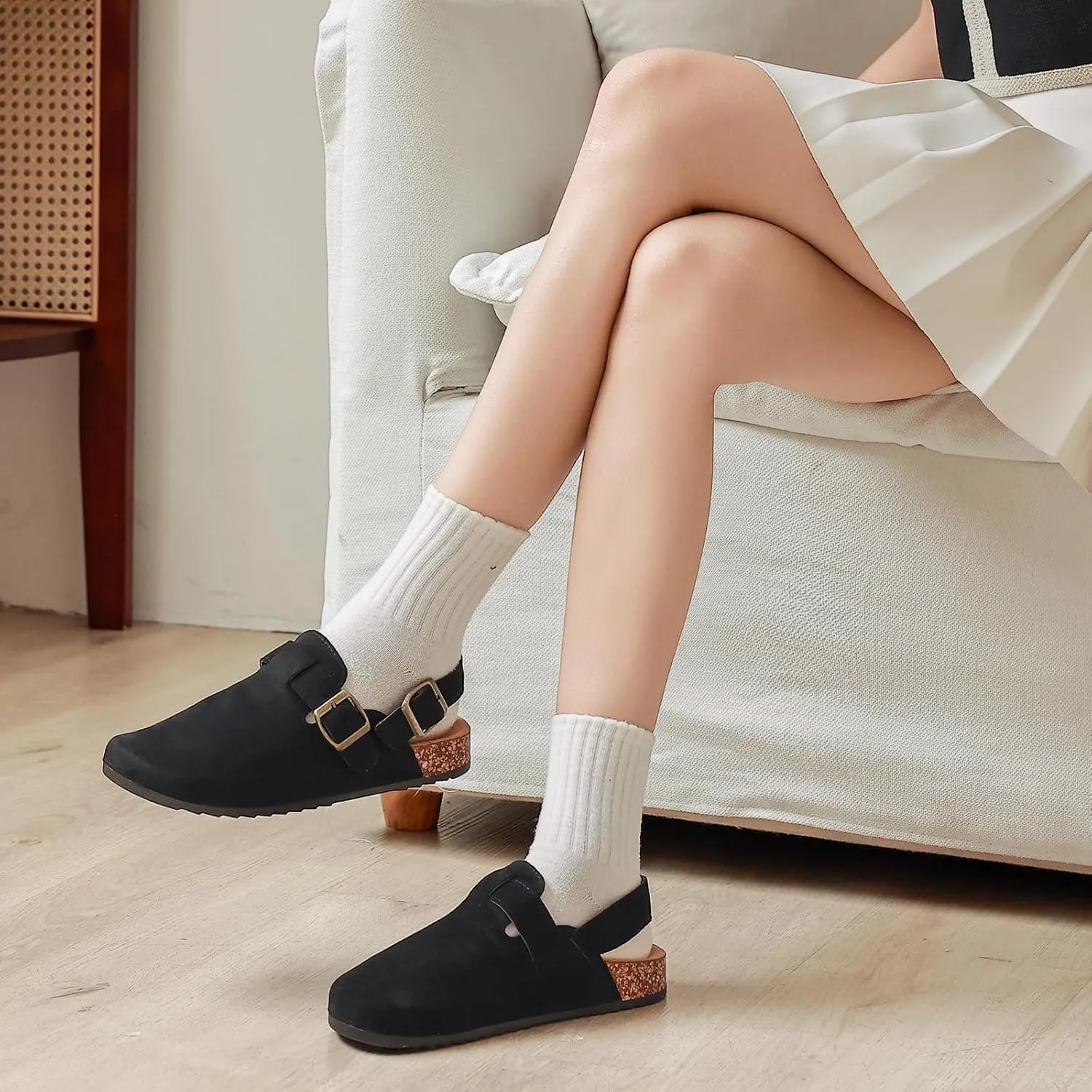 Men's Suede Clogs with Back Strap Adjustable Cork Footbed Leather Mules Clogs for Women Comfort Memory Foam Slingback Clog Sandal with Buckle Slip on Potato Shoes