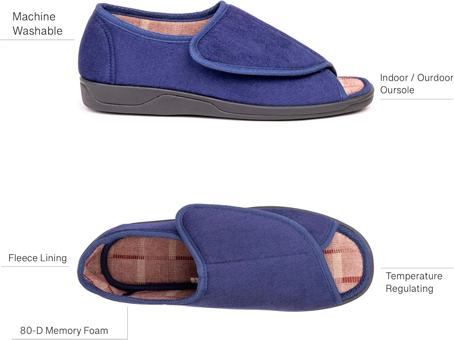 Men's Wide Furry 80-D Memory Foam Diabetic Slipper with Adjustable Closures, Wide Width Warm Plush Fleece Arthritis Edema Swollen Diabetic House Shoes Machine Washable w/Anti Slip Sole