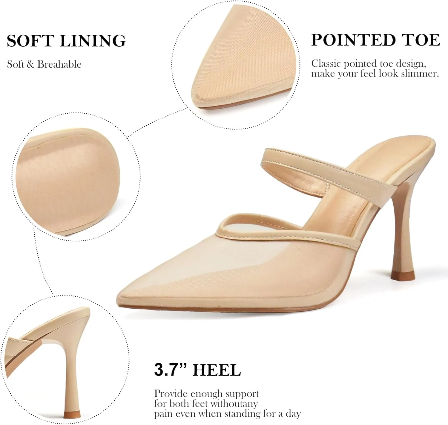 Mesh Pointed Toe Mule Heels for Women Slip On Kitten Heels Sandals Closed Toe Dress Pumps