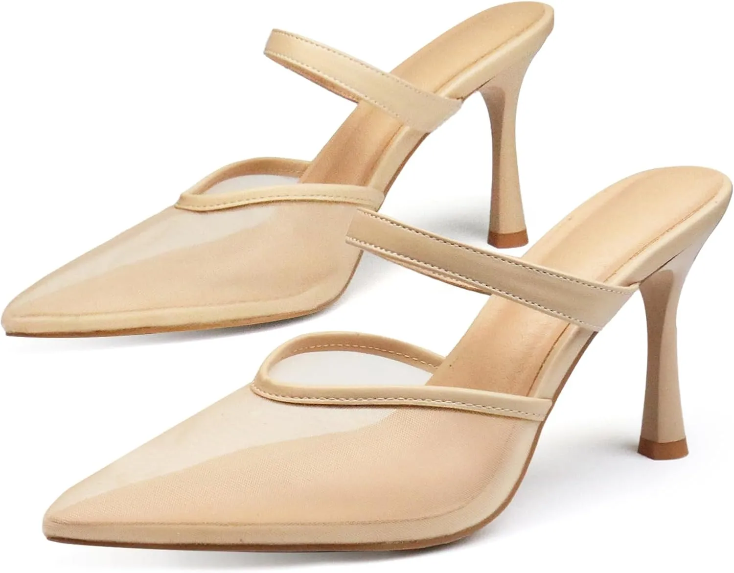 Mesh Pointed Toe Mule Heels for Women Slip On Kitten Heels Sandals Closed Toe Dress Pumps