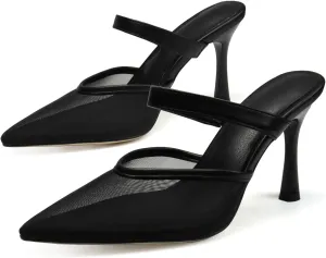 Mesh Pointed Toe Mule Heels for Women Slip On Kitten Heels Sandals Closed Toe Dress Pumps