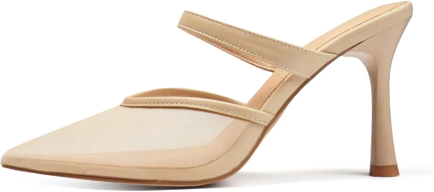 Mesh Pointed Toe Mule Heels for Women Slip On Kitten Heels Sandals Closed Toe Dress Pumps