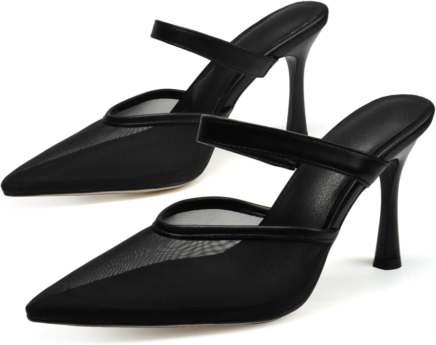 Mesh Pointed Toe Mule Heels for Women Slip On Kitten Heels Sandals Closed Toe Dress Pumps