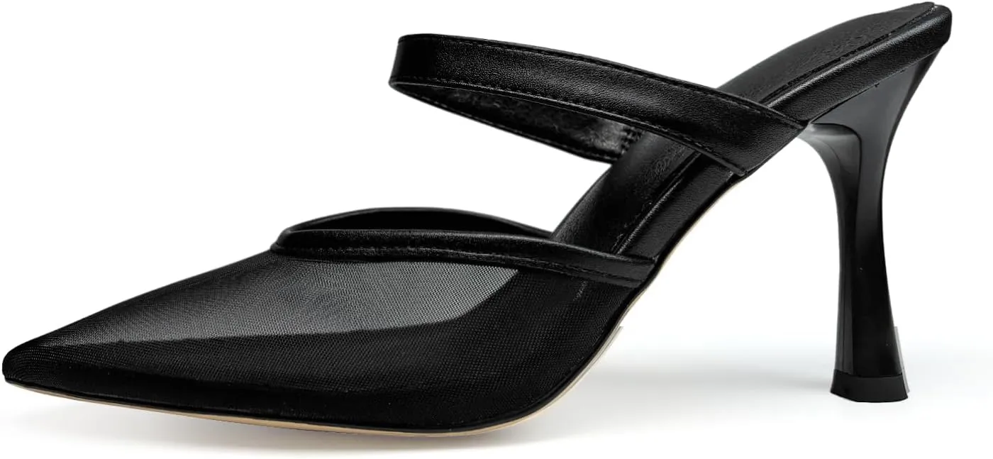 Mesh Pointed Toe Mule Heels for Women Slip On Kitten Heels Sandals Closed Toe Dress Pumps