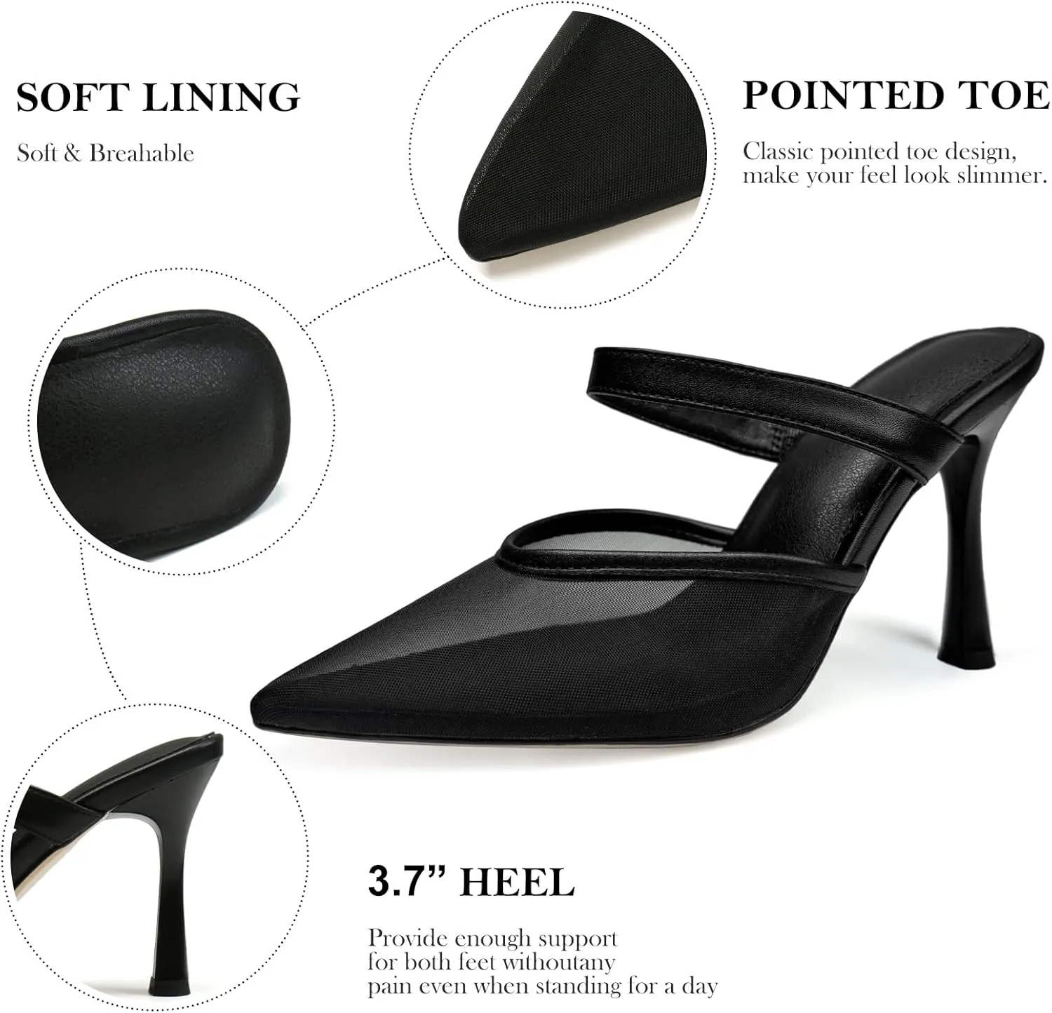 Mesh Pointed Toe Mule Heels for Women Slip On Kitten Heels Sandals Closed Toe Dress Pumps