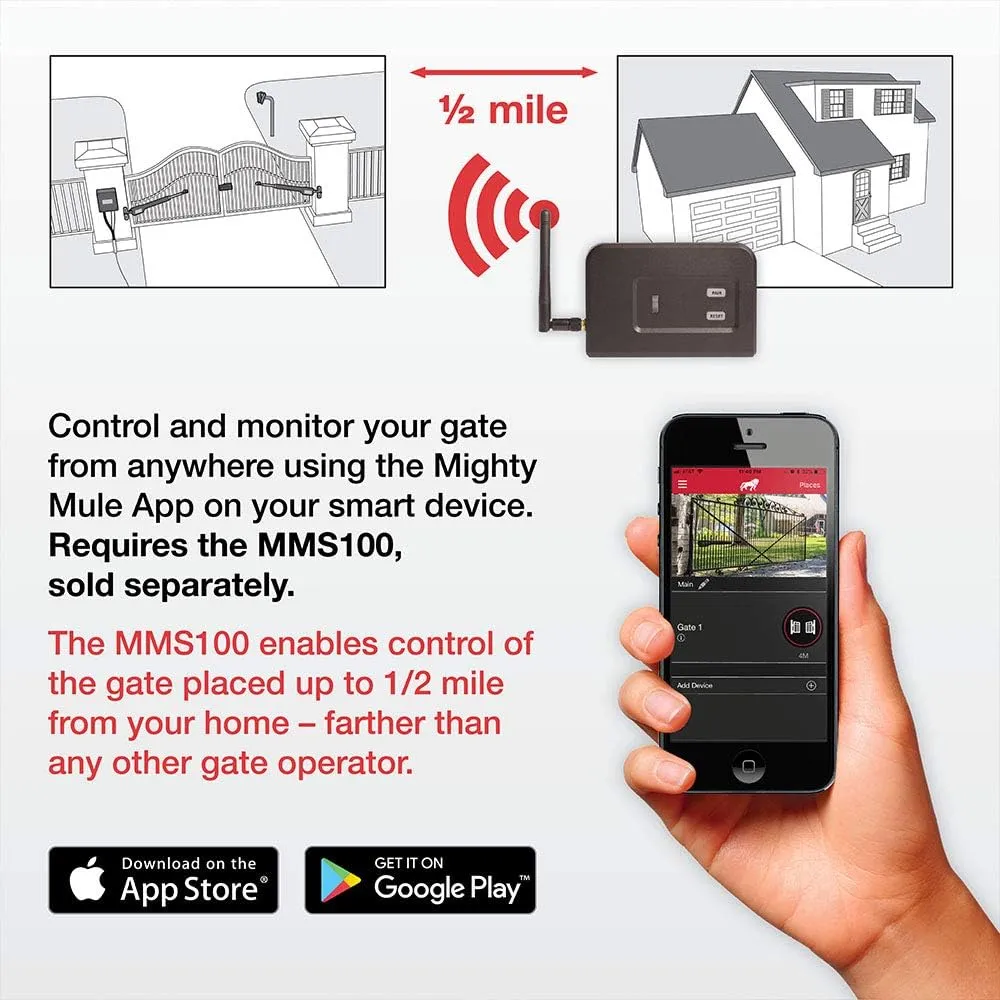 Mighty Mule MM571W-EST Heavy Duty Automatic Package Swing, Smart Bridge, Driveway Sensor, and More, Single Gate Opener, Estate, Black