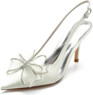Minishion Wedding Shoes Bride Heels Slingback Formal Evening Pumps Mule with Bows BR015