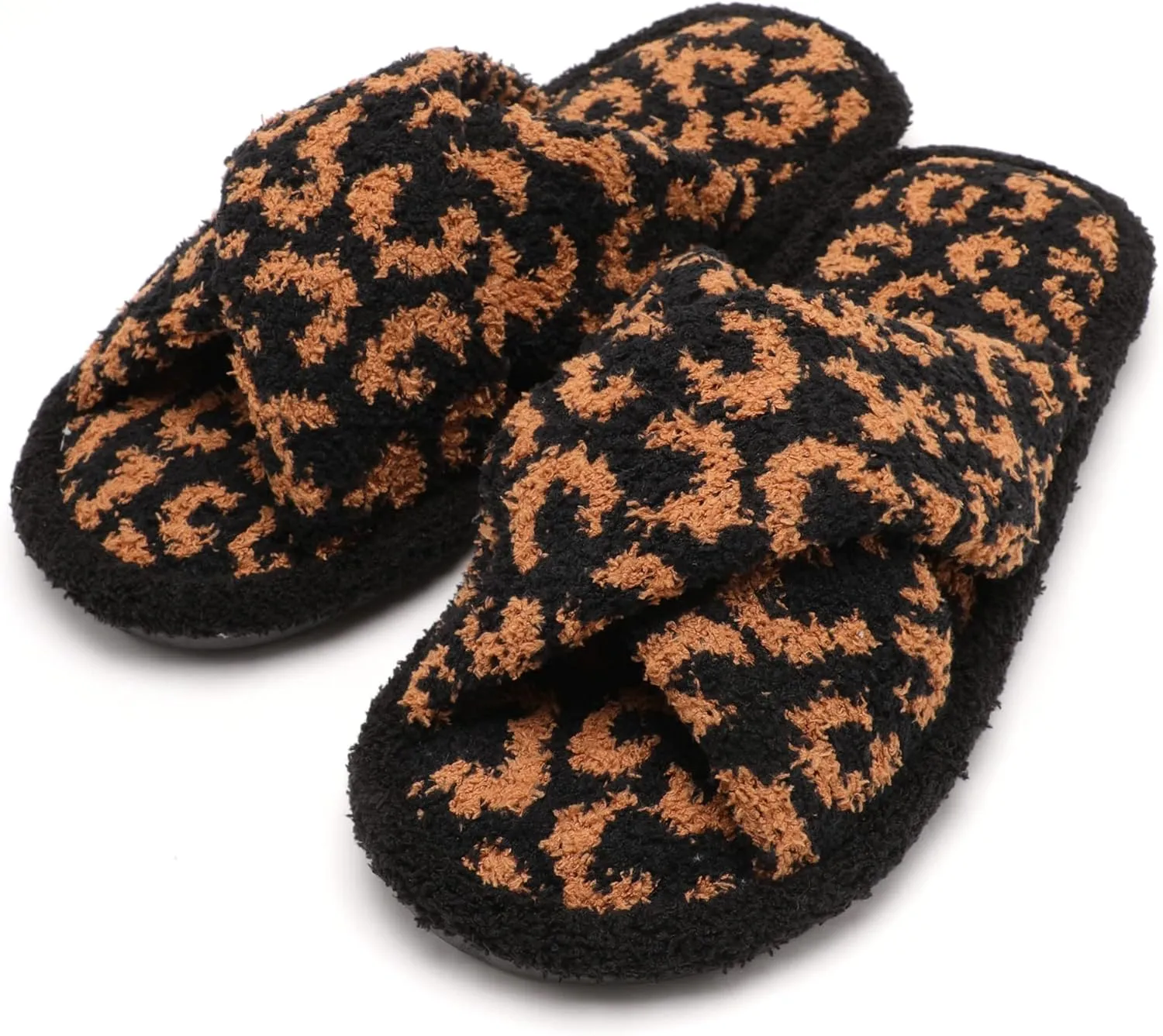 MIRMARU Women’s Animal Print Comfort Fluffy Fuzzy Slip-on House Slippers Open Toe Cross Band Indoor Outdoor Non-Slip Slippers for Women