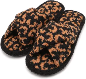MIRMARU Women’s Animal Print Comfort Fluffy Fuzzy Slip-on House Slippers Open Toe Cross Band Indoor Outdoor Non-Slip Slippers for Women