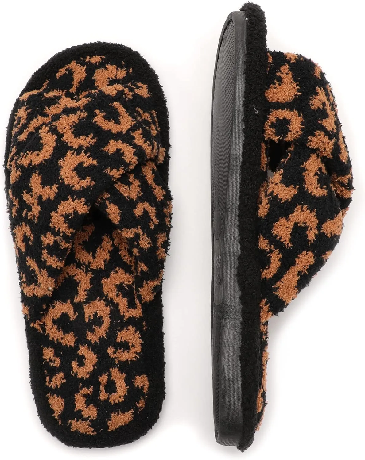 MIRMARU Women’s Animal Print Comfort Fluffy Fuzzy Slip-on House Slippers Open Toe Cross Band Indoor Outdoor Non-Slip Slippers for Women