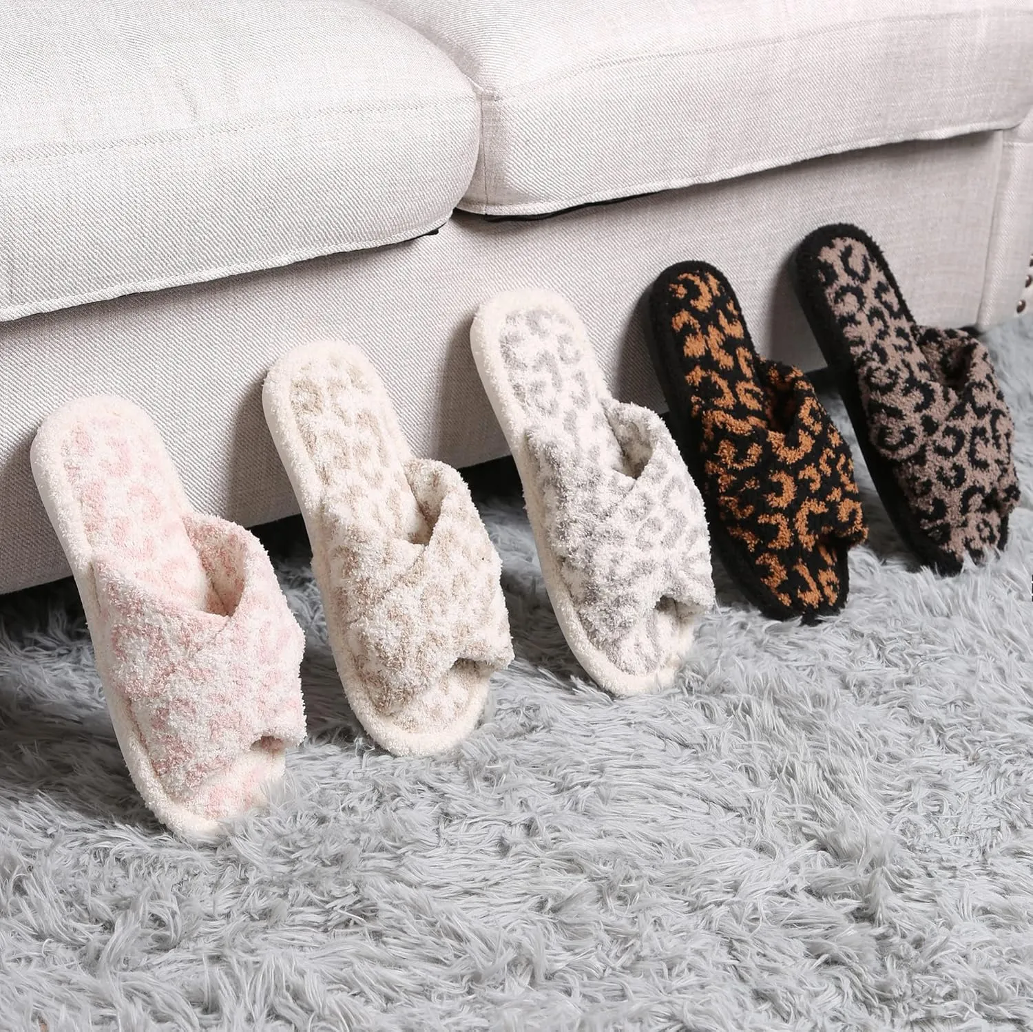 MIRMARU Women’s Animal Print Comfort Fluffy Fuzzy Slip-on House Slippers Open Toe Cross Band Indoor Outdoor Non-Slip Slippers for Women