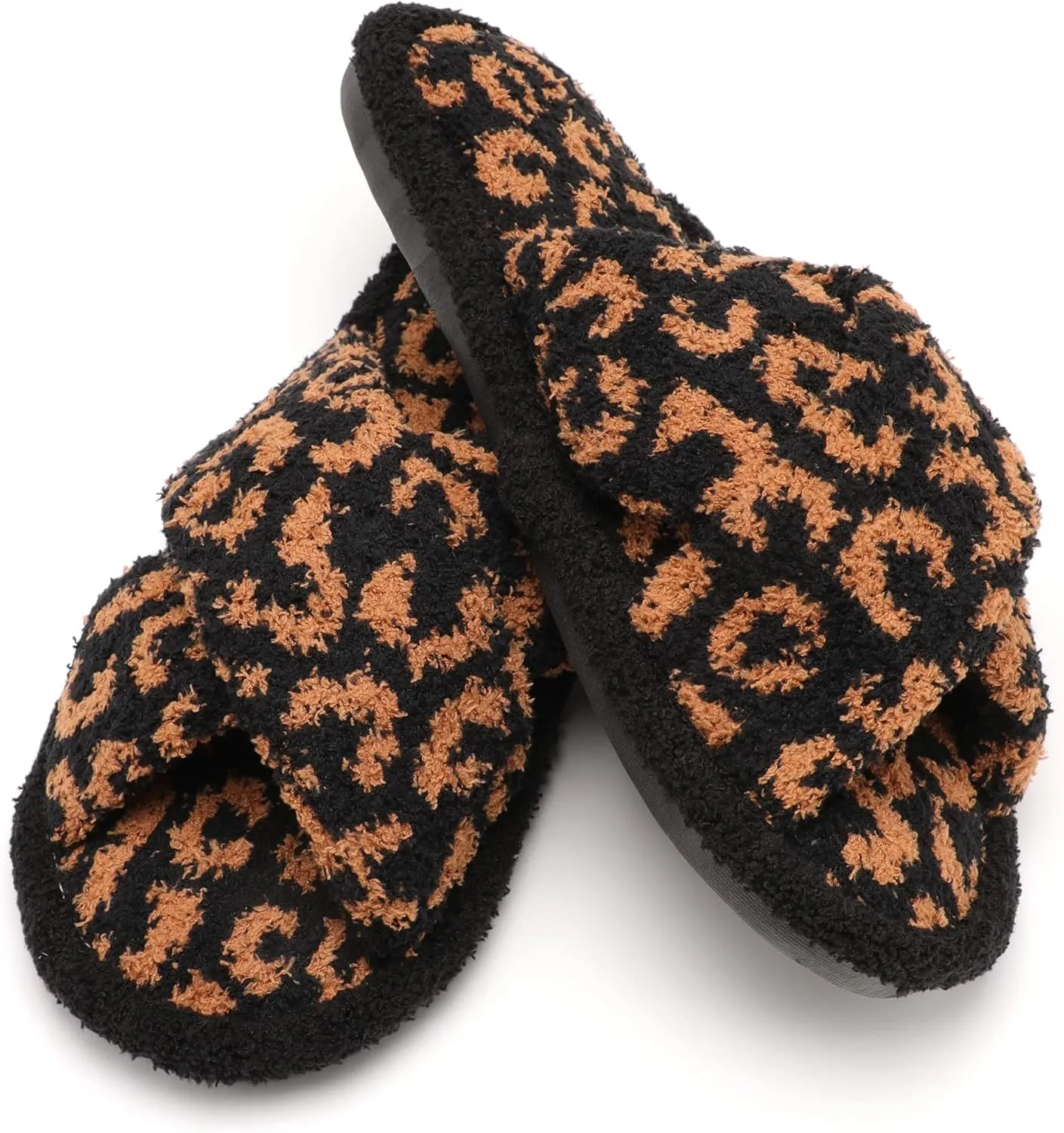 MIRMARU Women’s Animal Print Comfort Fluffy Fuzzy Slip-on House Slippers Open Toe Cross Band Indoor Outdoor Non-Slip Slippers for Women