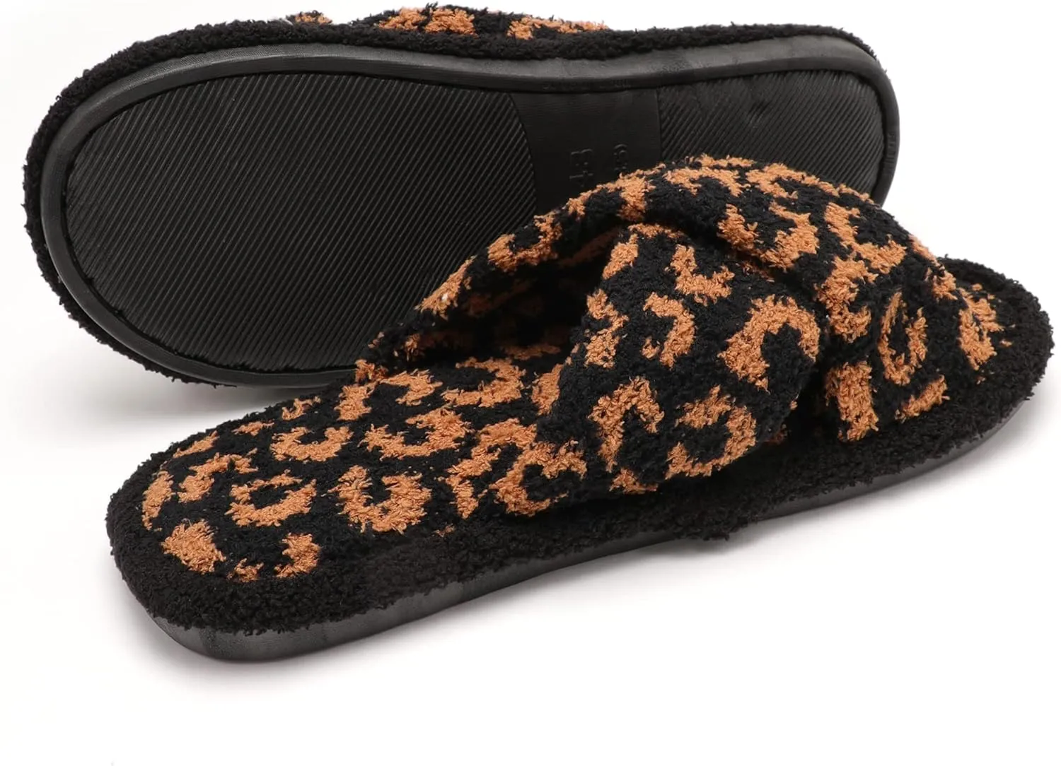 MIRMARU Women’s Animal Print Comfort Fluffy Fuzzy Slip-on House Slippers Open Toe Cross Band Indoor Outdoor Non-Slip Slippers for Women