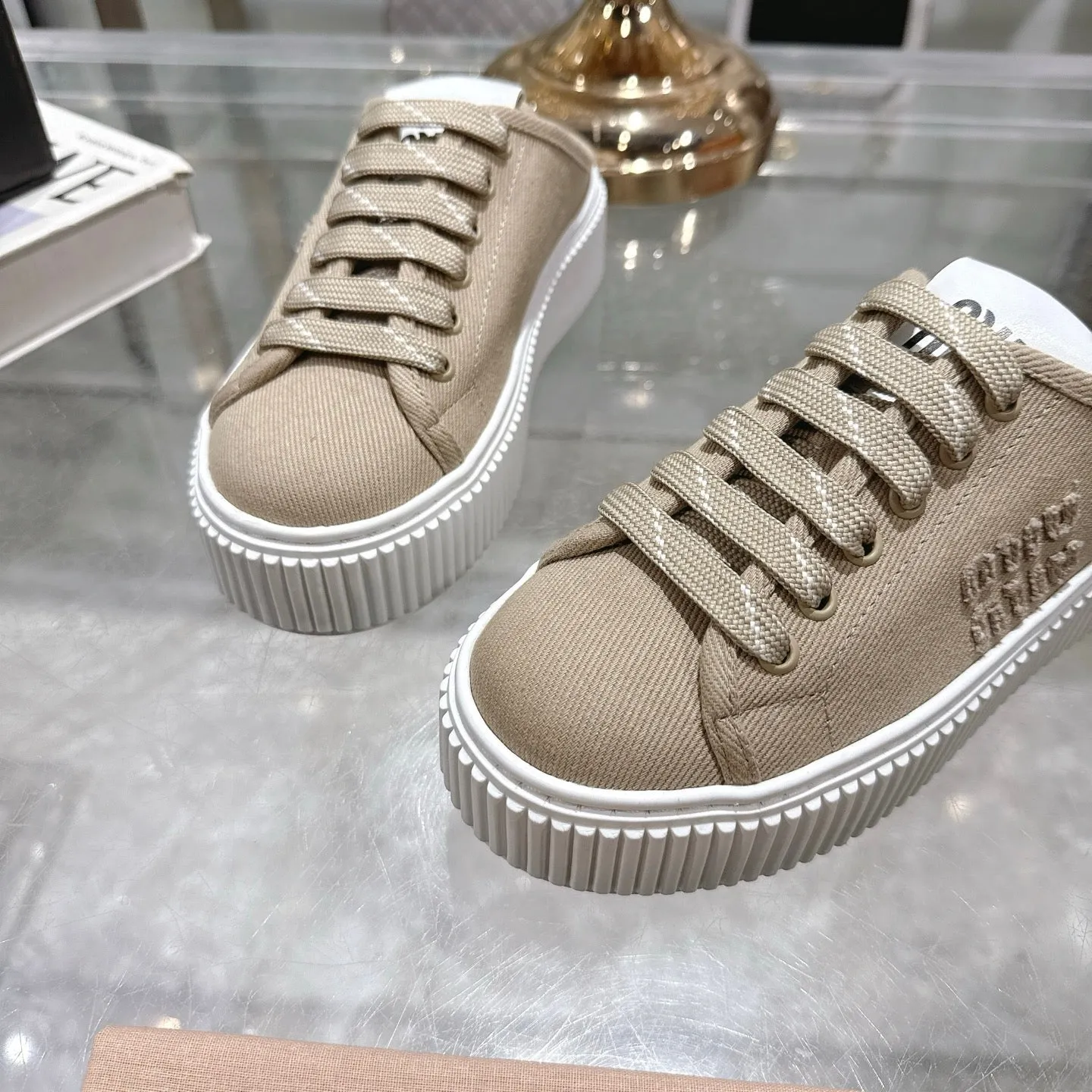 Miu 25C Sneaker Mules Colonial Beige Demin Fabric 235319