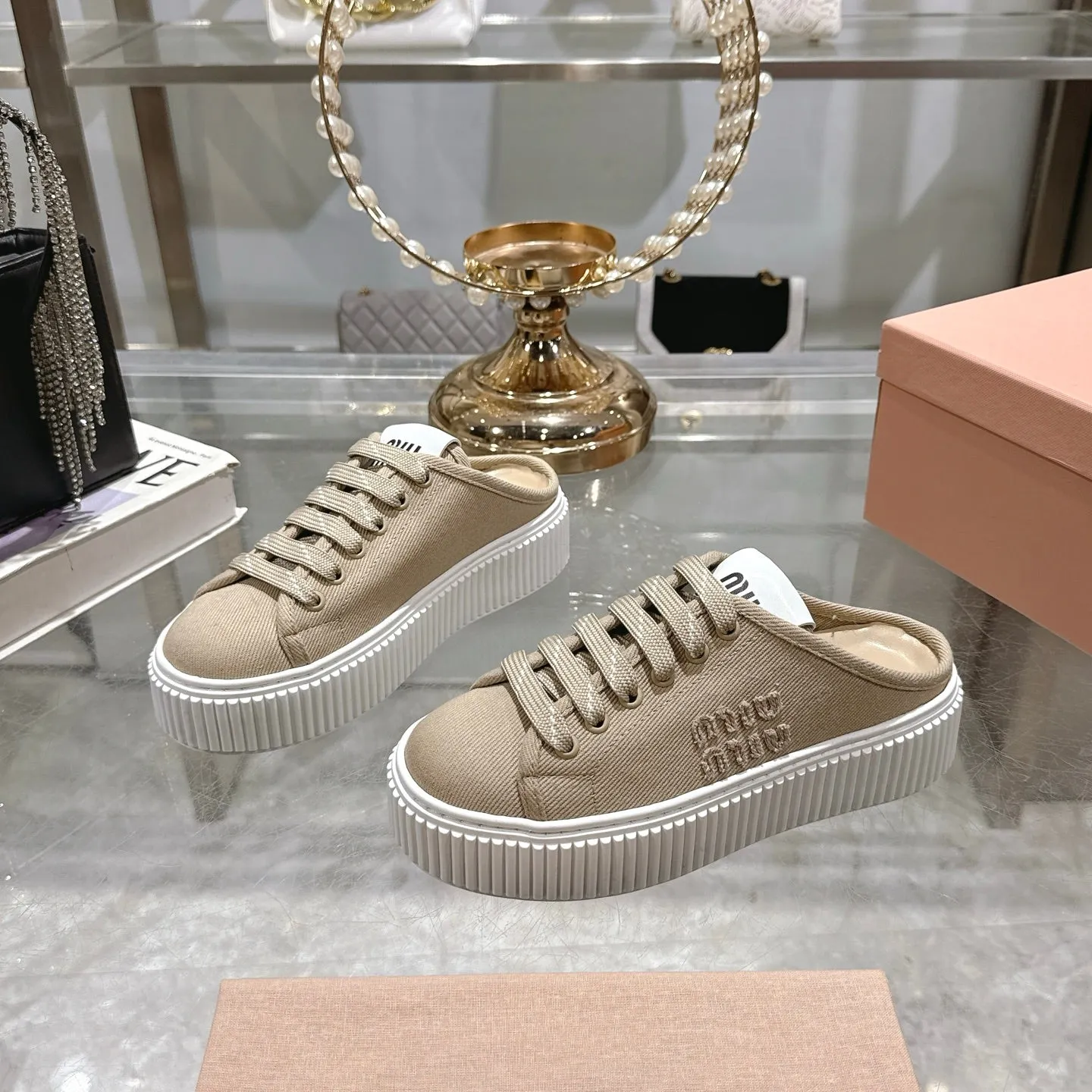 Miu 25C Sneaker Mules Colonial Beige Demin Fabric 235319