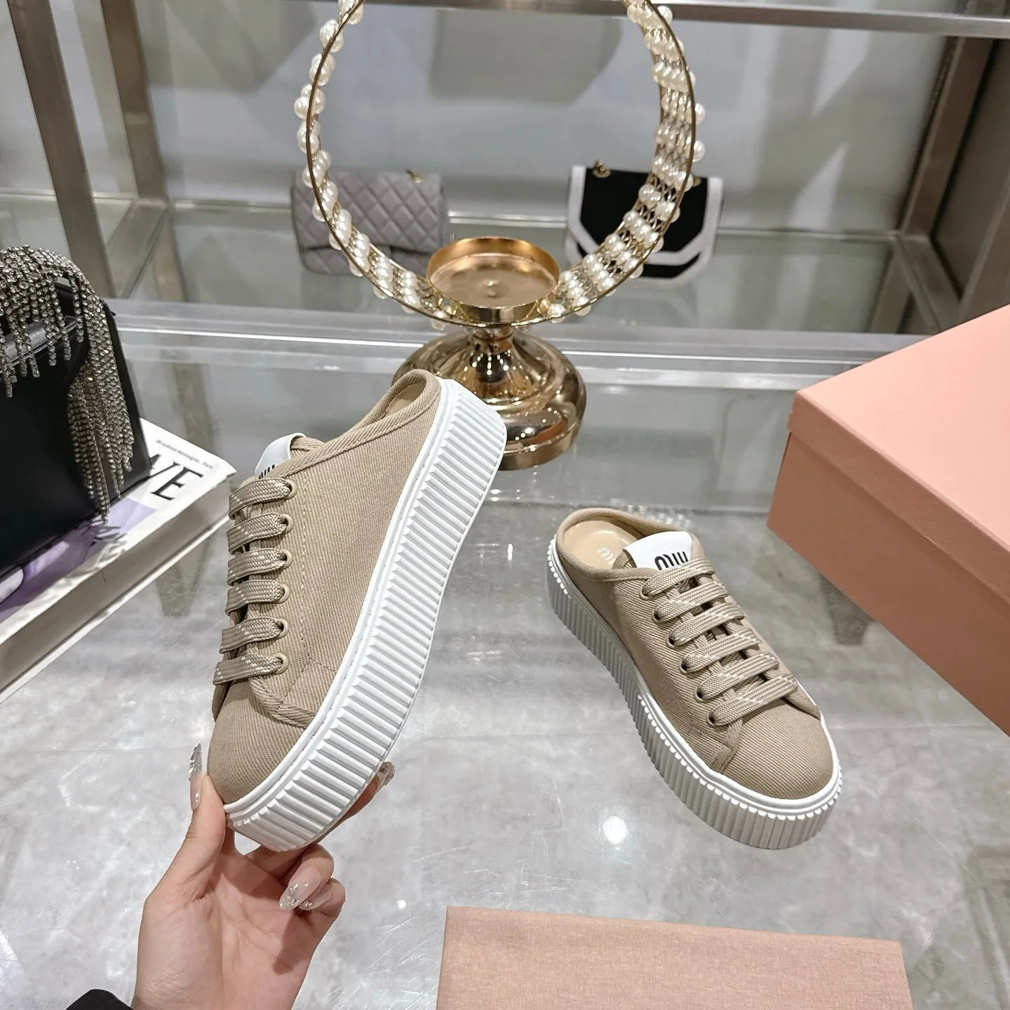 Miu 25C Sneaker Mules Colonial Beige Demin Fabric 235319