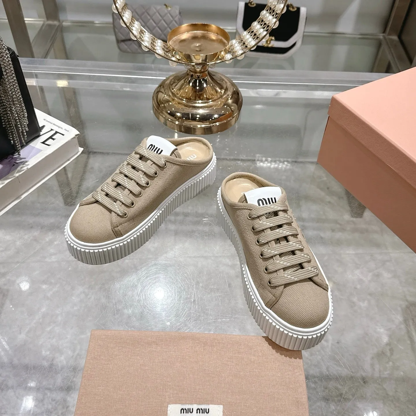 Miu 25C Sneaker Mules Colonial Beige Demin Fabric 235319