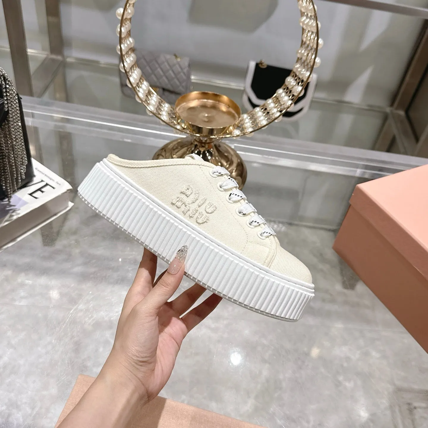 Miu 25C Sneaker Mules Ivory Demin Fabric 235317