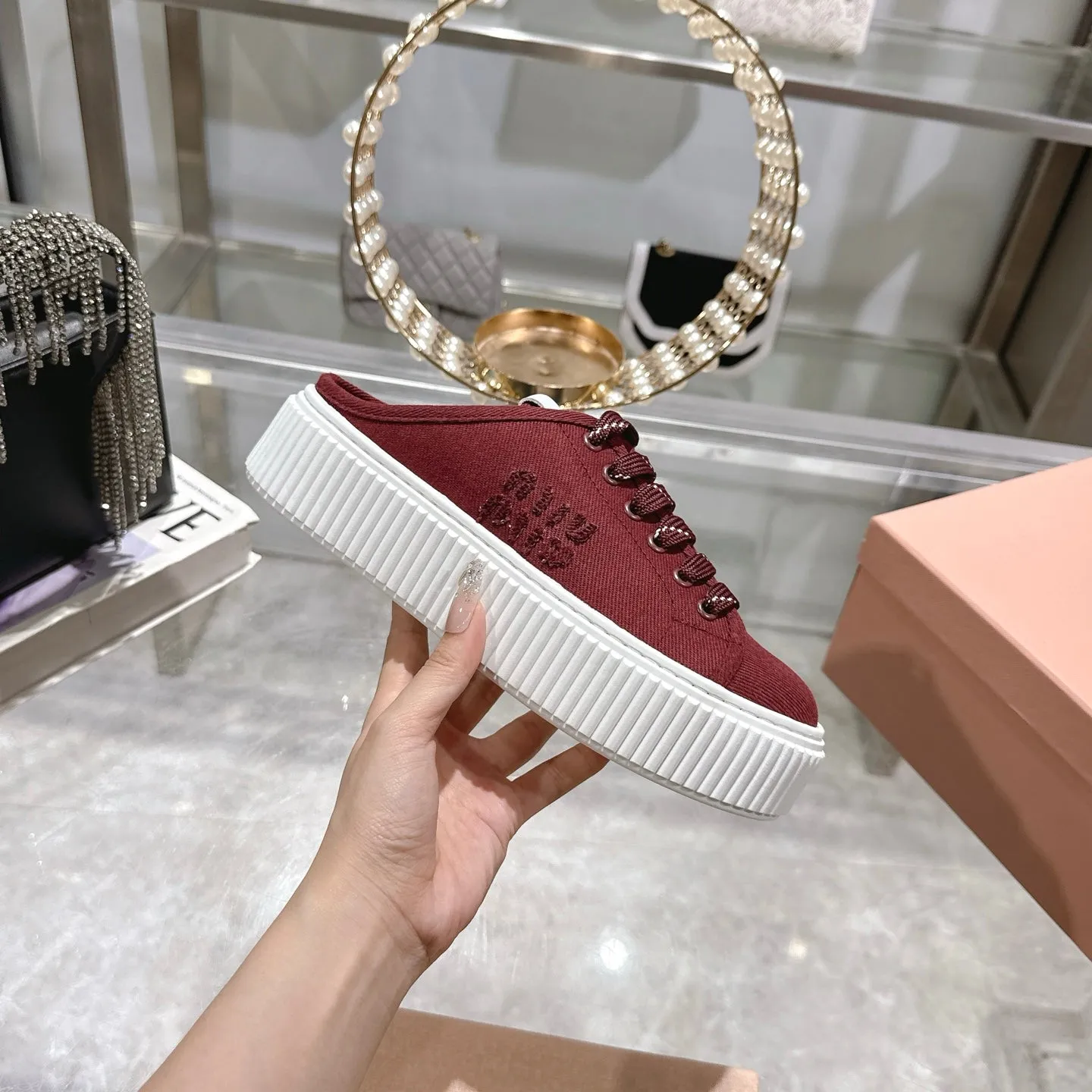 Miu 25C Sneaker Mules Maroon Red Demin Fabric 235318