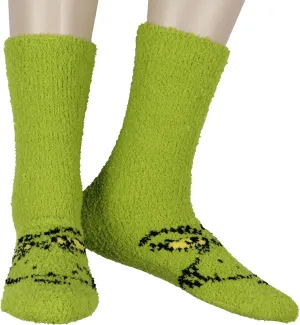 MJC Dr. Seuss The Grinch Adult Unisex Fuzzy Grinch Face Gripper Slipper Socks OSFM, Green
