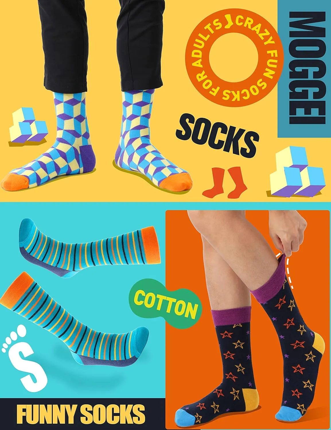 MOGGEI Funny Socks for Men Women Fun Cozy Crazy Novelty Fashion Breathable Printed Cotton Boot Socks