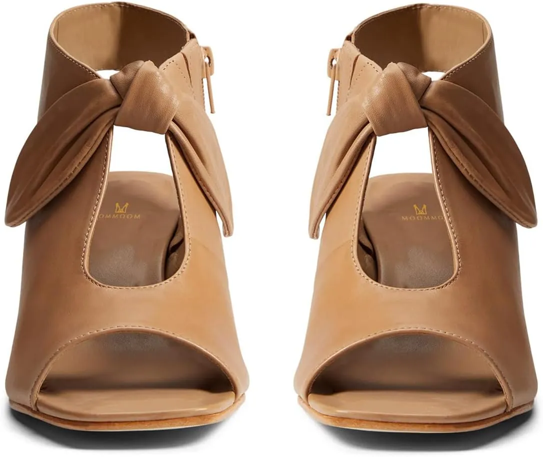 MOOMMO Women Heeled Sandals with Bow Open Toe Low Chunky Block Heel Sandal Booties Cutout 2" Heels Backless Slingback Dress Shoes Peep Toe Back Zipper Suede Sandal Dressy Casual Summer Beach 4-13 M US