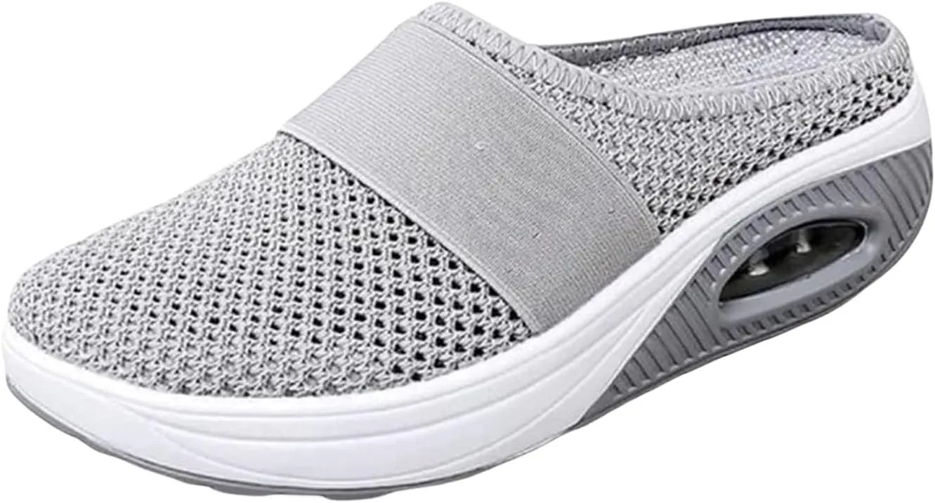 Mules for Women Breathable Mesh Walking Mules Sneakers Arch Support Slippers Outdoor Casual Non Slip Orthopedic Sneakers Slip-On Open Back Mule Platform Wedge Closed Toe Shoes